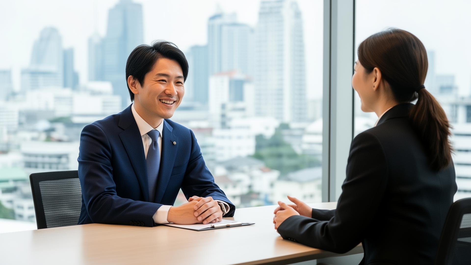 バンコクのオフィスで日本語相談を受けるビジネスサポート担当者